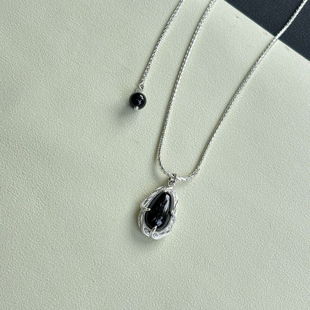 925 Sterling Silver Adjustable Lariat Necklace with Black Onyx Pendant 26” 10.8g - Picture 4 of 8